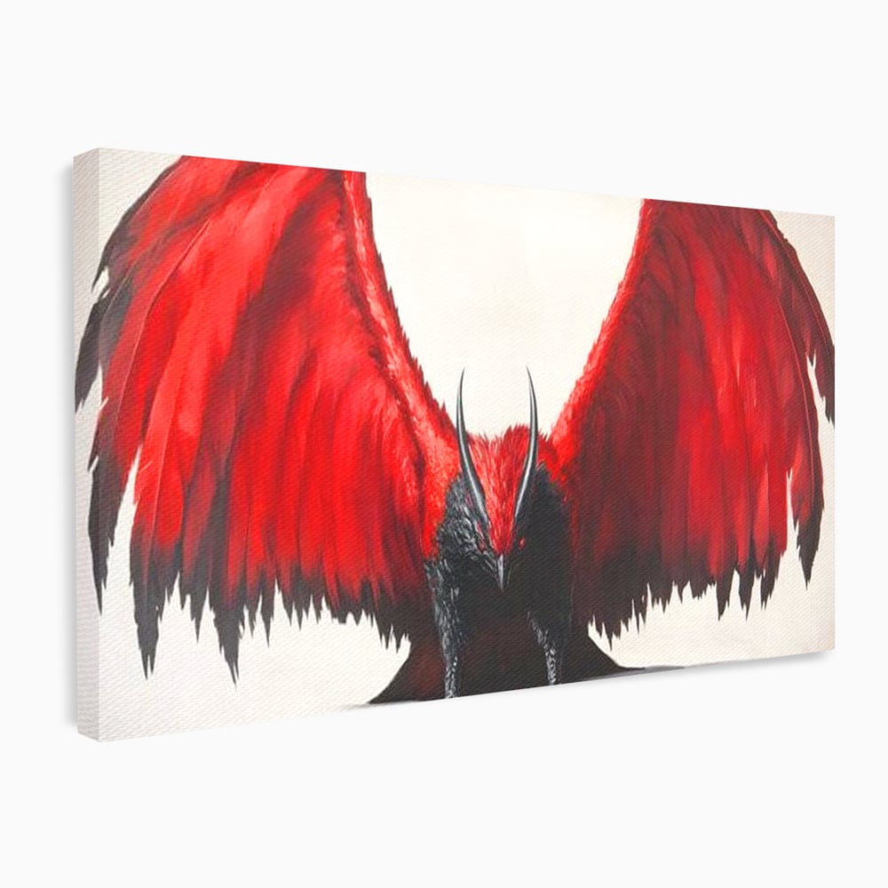 Tablou canvas cu tablou canvas cu pasare fantastica rosu cu negru, fara rama, pe sasiu de lemn